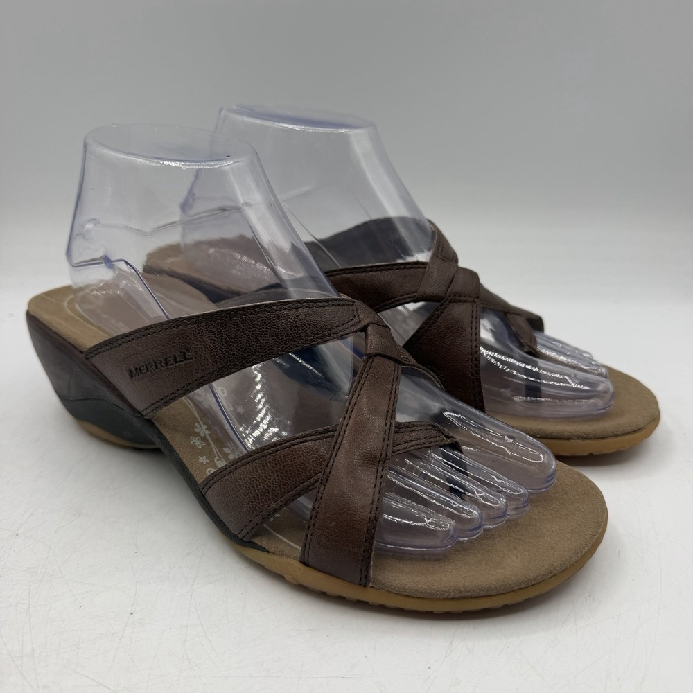 Merrell Alyssum Sandals Womens 8 Earth Brown Strappy Leather Slip On Wedge Thong